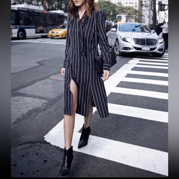 Frame 100% Silk Navy Vintage Stripe Long Sleeve Button Up Midi Dress - Picture 12 of 12